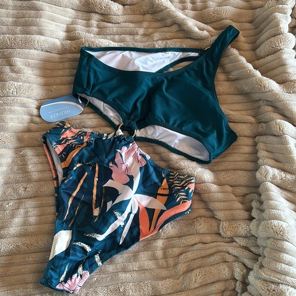 Brand New One Shoulder Swimsuit O-Ring Waist Bra Cup Green Tropical High Waist - Picture 9 of 14